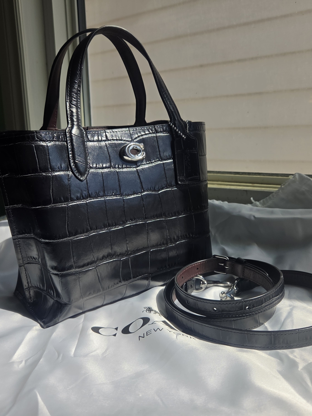 Coach Willow Tote 24 In Black Croc-Embossed Leather
